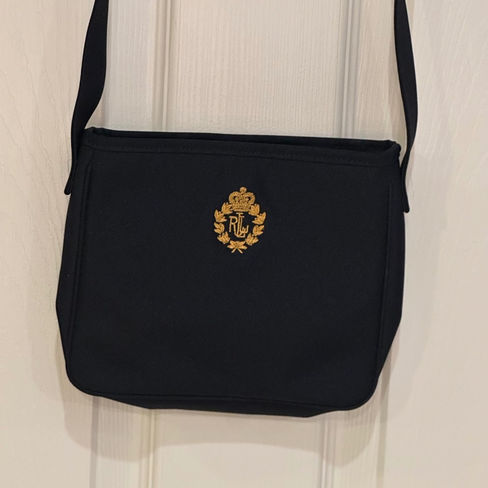 Lauren Ralph Lauren Navy Blue Canvas Crossbody Messenger Bag Gold Crest Logo